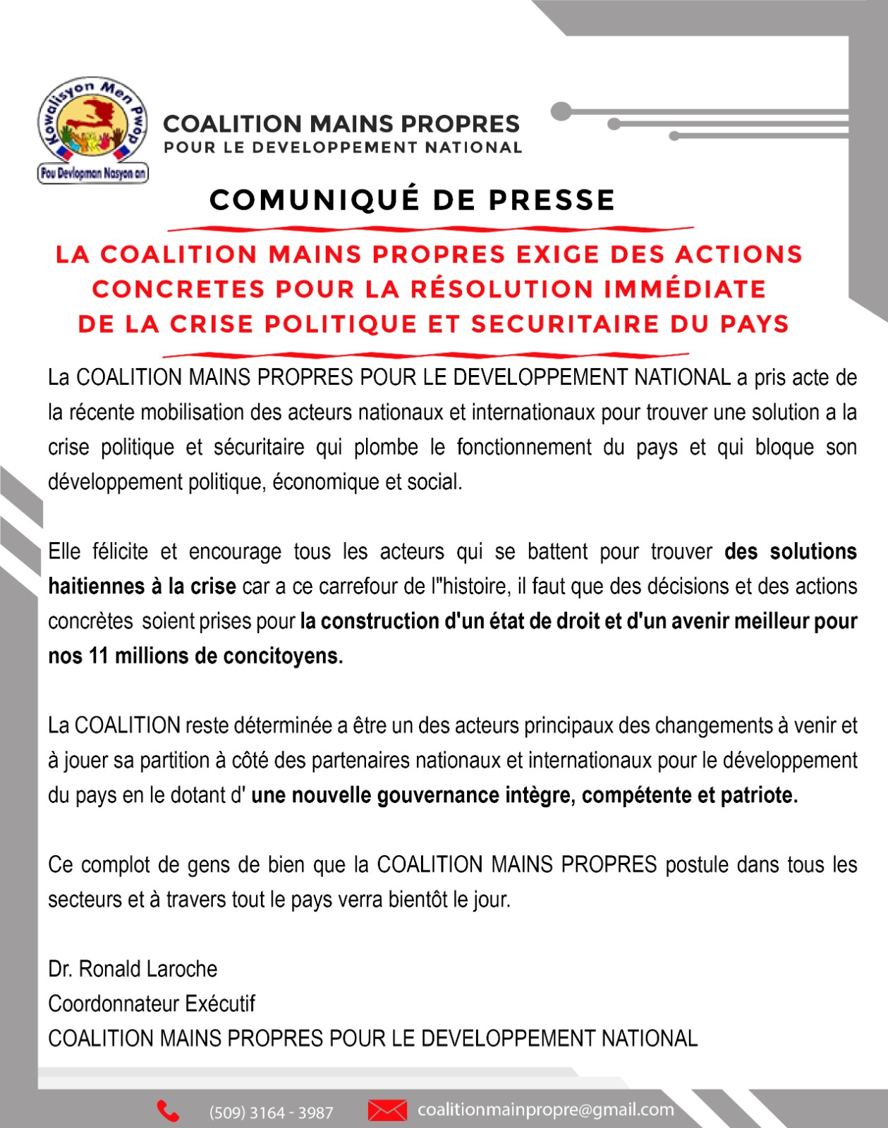CRISE EN HAÏTI : LA COALITION MAINS PROPRES RÉCLAME DES ACTIONS IMMÉDIATES ET DES SOLUTIONS LOCALES