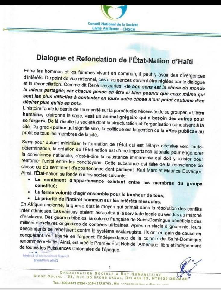 HAÏTI À LA CROISÉE DES CHEMINS : LE CNSCA PRÔNE UN DIALOGUE NATIONAL POUR REFONDER L’ÉTAT-NATION
