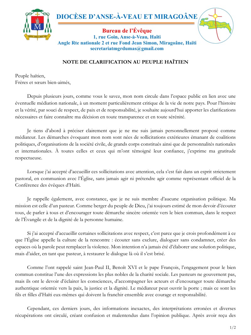 HAÏTI EN CRISE : MGR PIERRE-ANDRÉ DUMAS SE RETIRE DE TOUTE MÉDIATION ET APPELLE À LA RESPONSABILITÉ NATIONALE