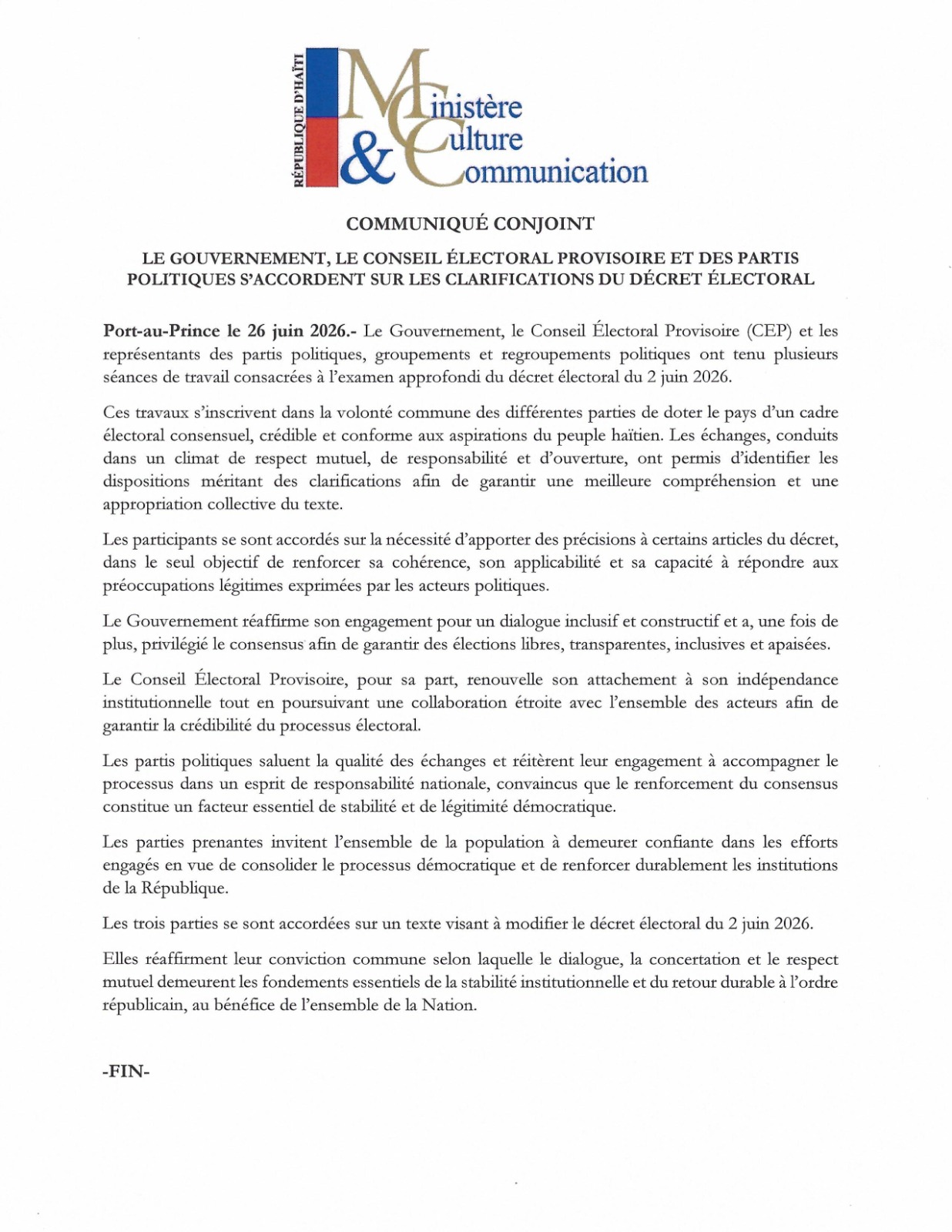 DÉCRET ÉLECTORAL : LE GOUVERNEMENT, LE CEP ET LES PARTIS POLITIQUES S&rsquo;ACCORDENT SUR DES CLARIFICATIONS