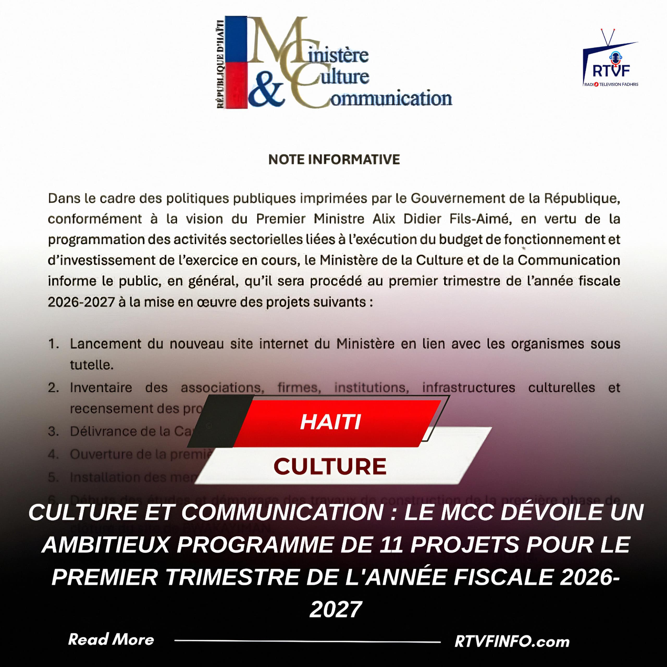 CULTURE ET COMMUNICATION : LE MCC DÉVOILE UN AMBITIEUX PROGRAMME DE 11 PROJETS POUR LE PREMIER TRIMESTRE DE L’ANNÉE FISCALE 2026-2027